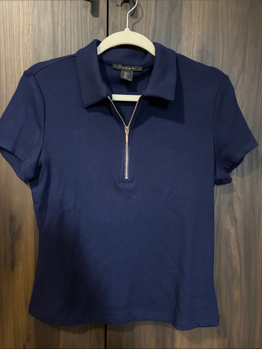 Tahari Navy Short-Sleeve Zip Polo Crop Top L